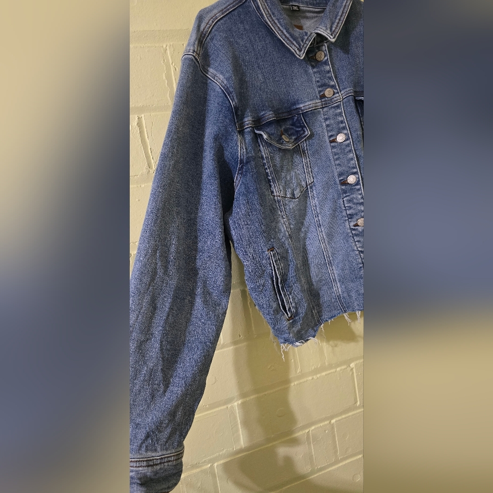 Distressed Plus Size Judy Blue Jean Jacket With Embroidered Collar Size 3x - Picture 8 of 13
